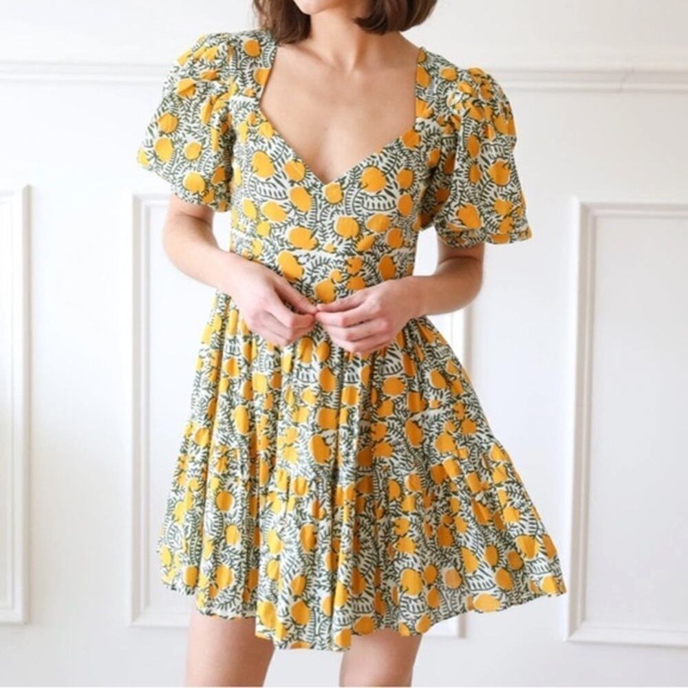 Mille Aneli Citrus Print Puff Sleeve Cotton Mini Dress XXS Yellow Green White